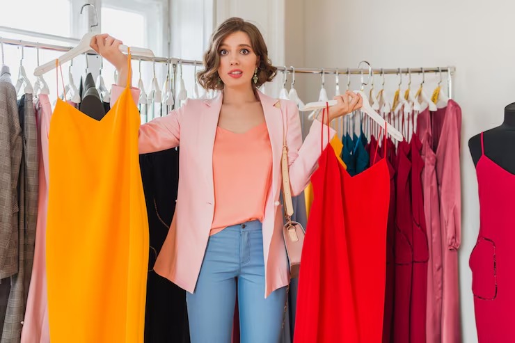 Woman holding colorful dresses deciding on an outfit